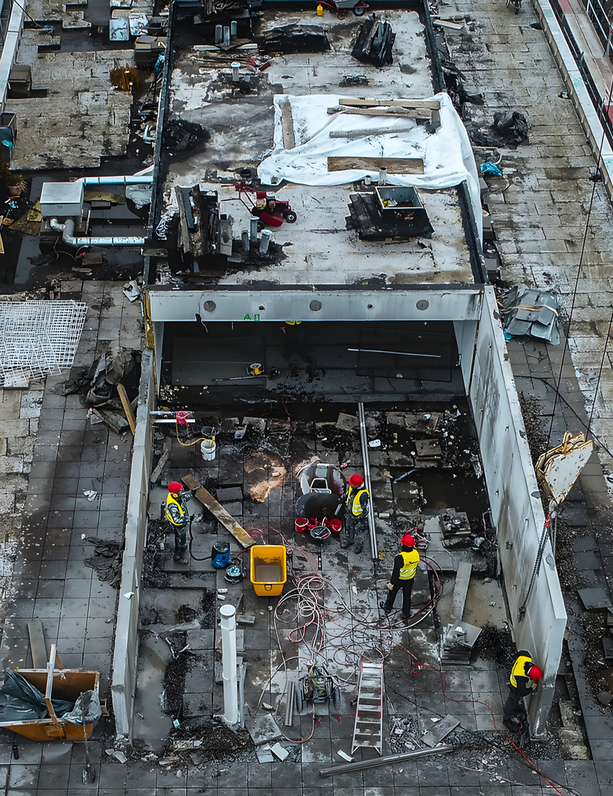 Arbeiter beim selektiven Rückbau einer Dachgeschossdecke mit Betonschnitt, Luftaufnahme
